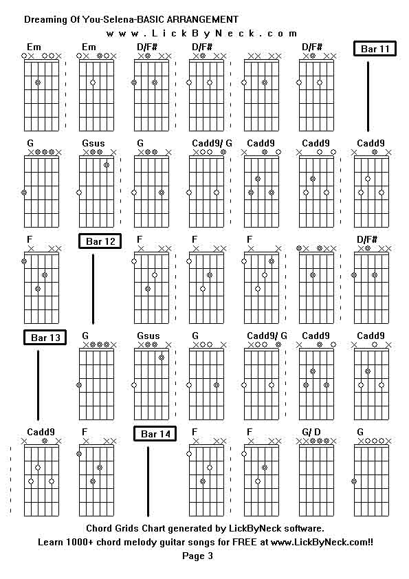 Chord Grids Chart of chord melody fingerstyle guitar song-Dreaming Of You-Selena-BASIC ARRANGEMENT,generated by LickByNeck software.